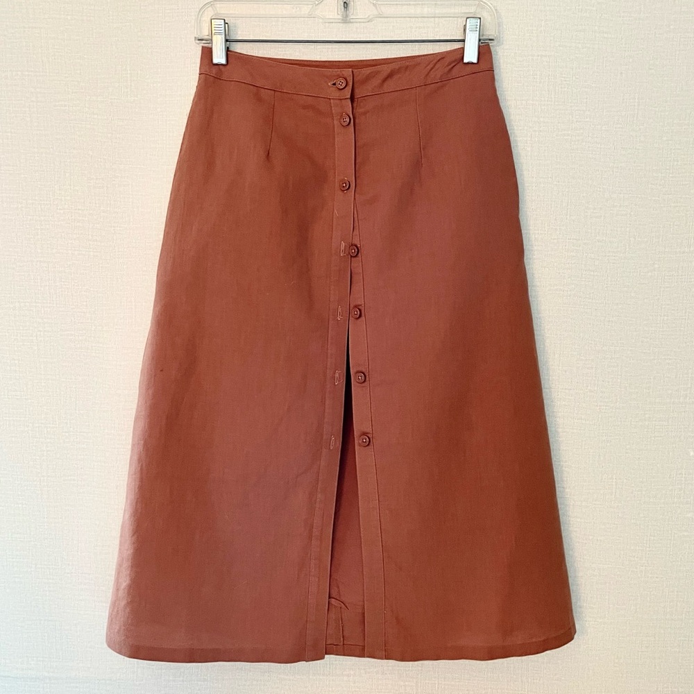 Tobi Cotton Linen Rust Button-Front A-Line Skirt S